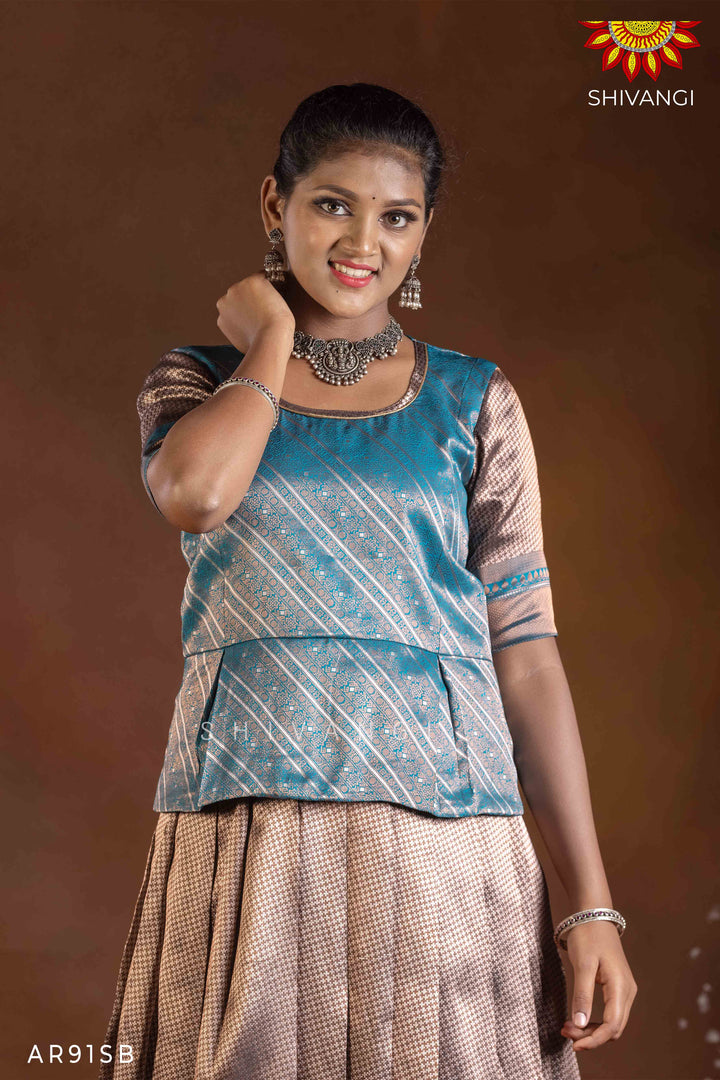 Girls Sky Blue Silver Fire Pattu Pavadai | Langa