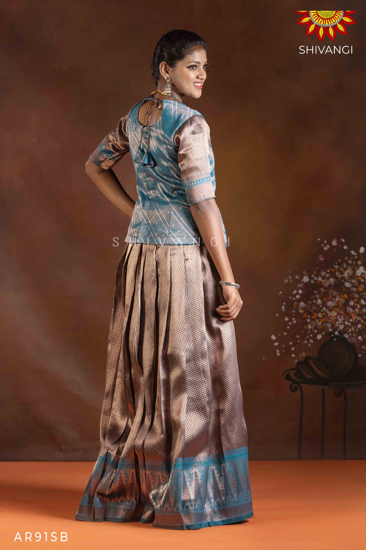 Girls Sky Blue Silver Fire Pattu Pavadai | Langa