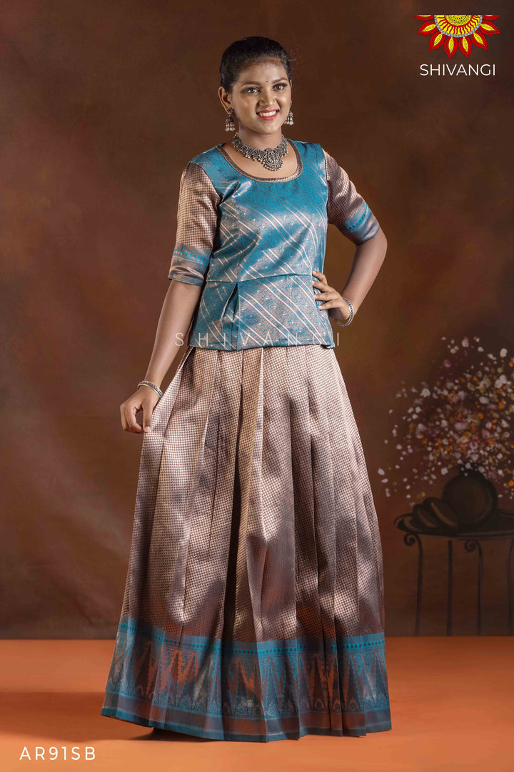 Girls Sky Blue Silver Fire Pattu Pavadai | Langa