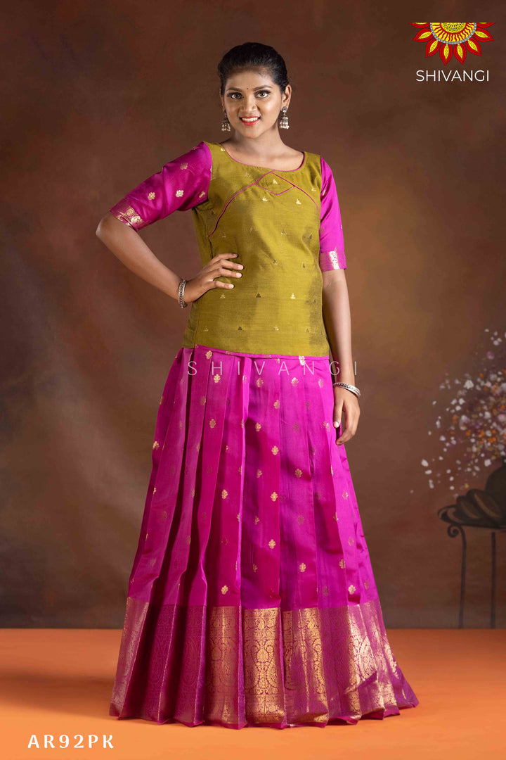 Girls Pink Paisley Mango Pattu Pavadai | Langa