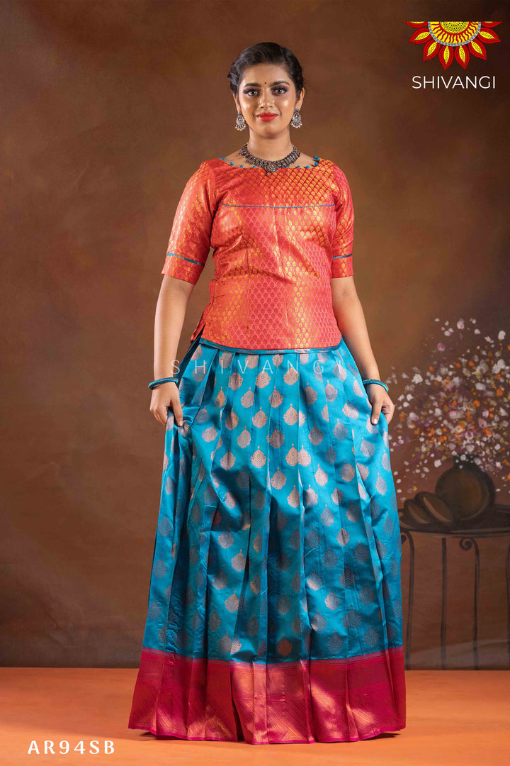 Girls Sky Blue Copper Pendant Pattu Pavadai |Langa