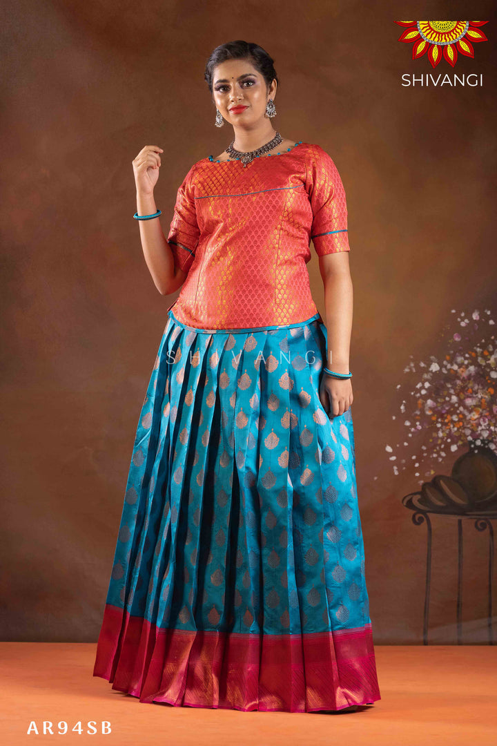 Girls Sky Blue Copper Pendant Pattu Pavadai |Langa