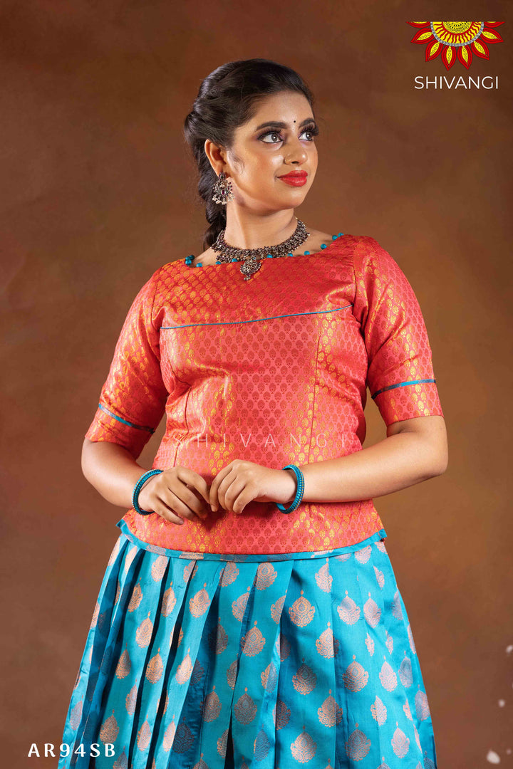 Girls Sky Blue Copper Pendant Pattu Pavadai |Langa