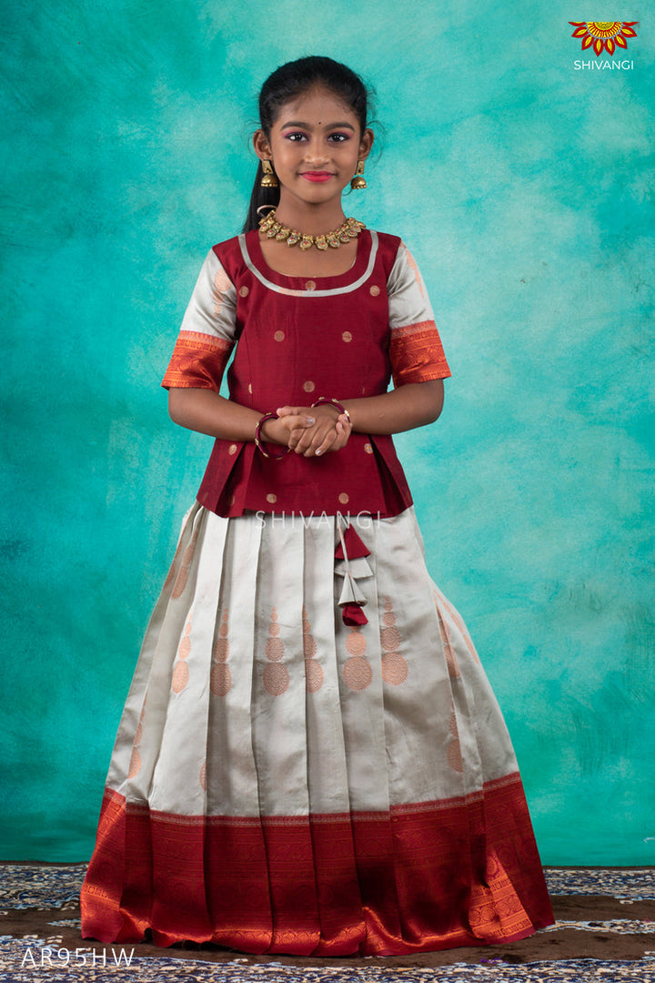 Girls White Copper Chanbali Pattu Pavadai | Lehenga