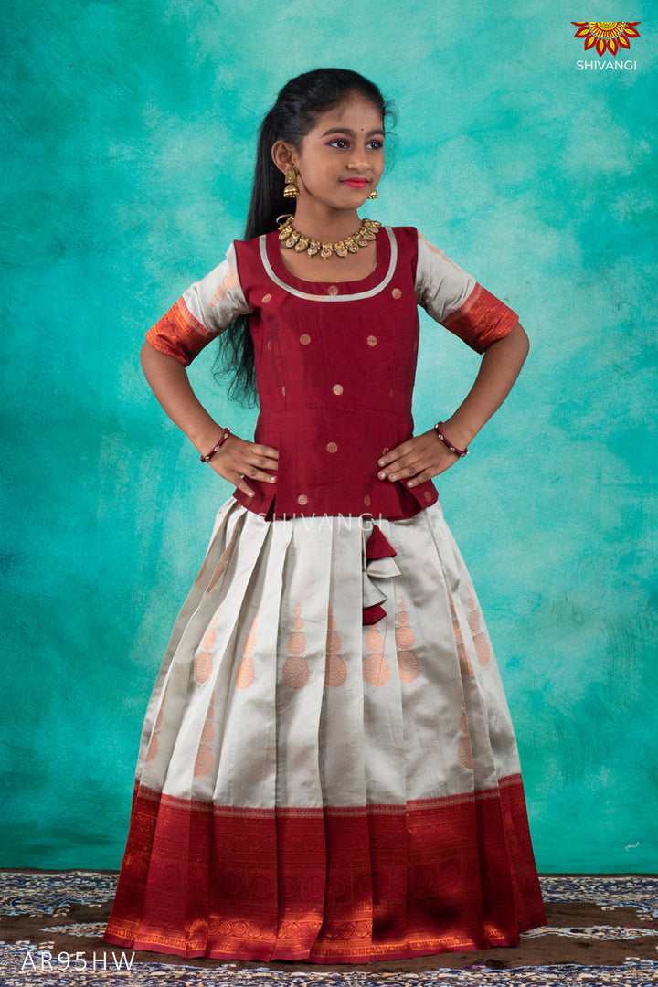 Girls White Copper Chanbali Pattu Pavadai | Lehenga