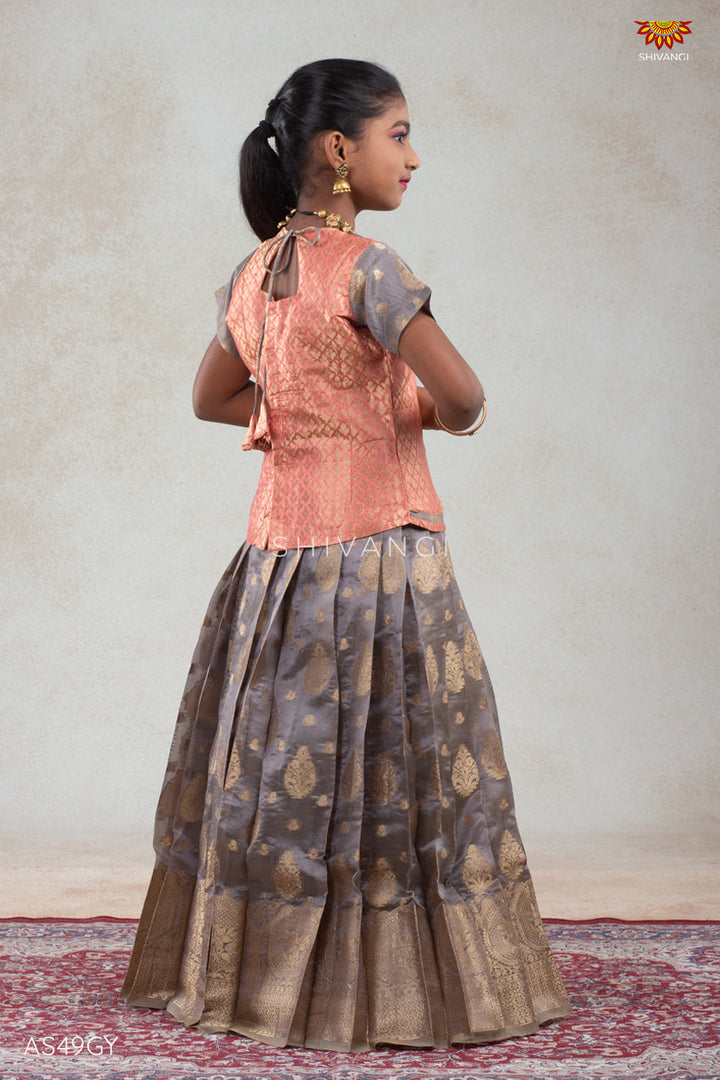 Kids Grey Chanderi Floral Tree Pattu Pavadai Set | lehenga !!!