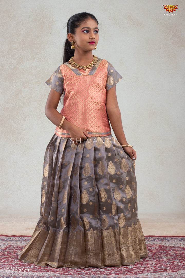 Kids Grey Chanderi Floral Tree Pattu Pavadai Set | lehenga !!!