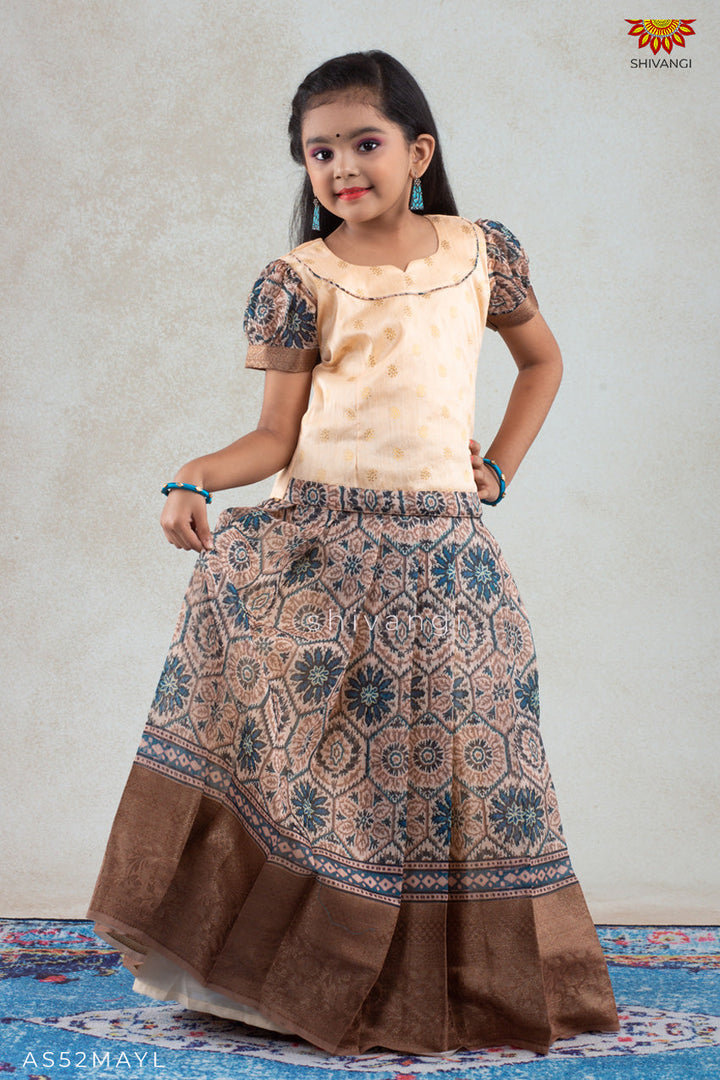 Girls Mustard Yellow Floral Honeycomb Pattu Pavadai | langa