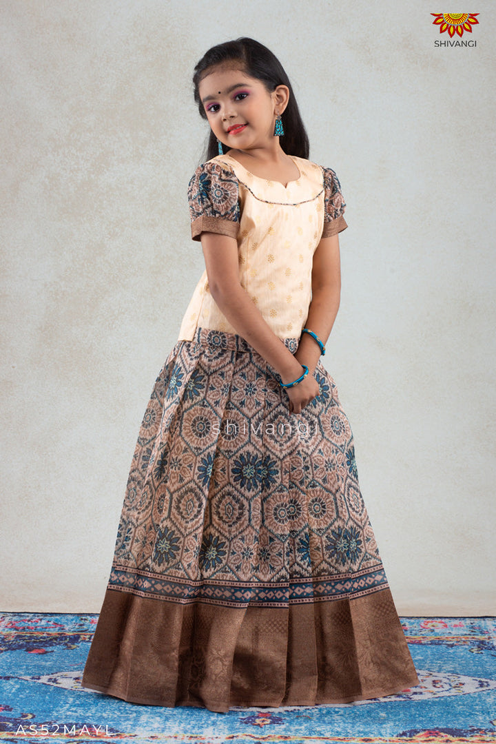 Girls Mustard Yellow Floral Honeycomb Pattu Pavadai | langa