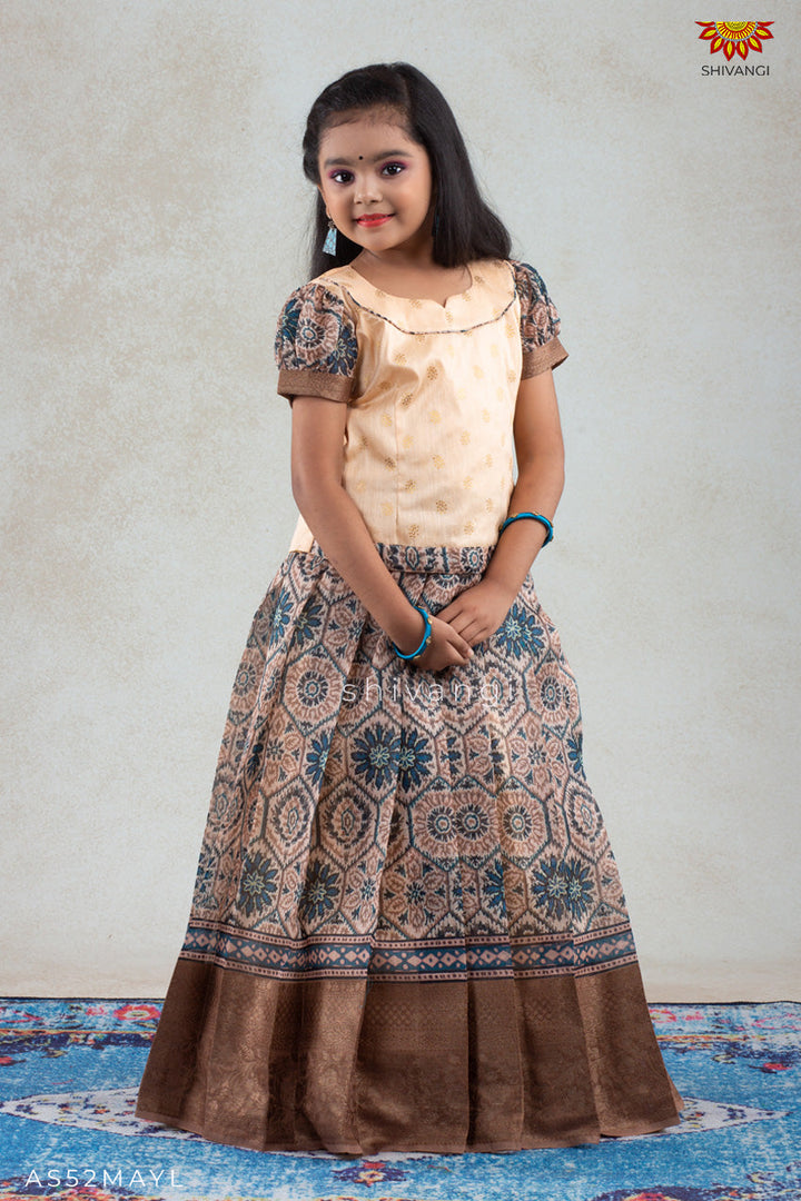 Girls Mustard Yellow Floral Honeycomb Pattu Pavadai | langa