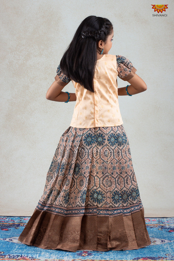 Girls Mustard Yellow Floral Honeycomb Pattu Pavadai | langa