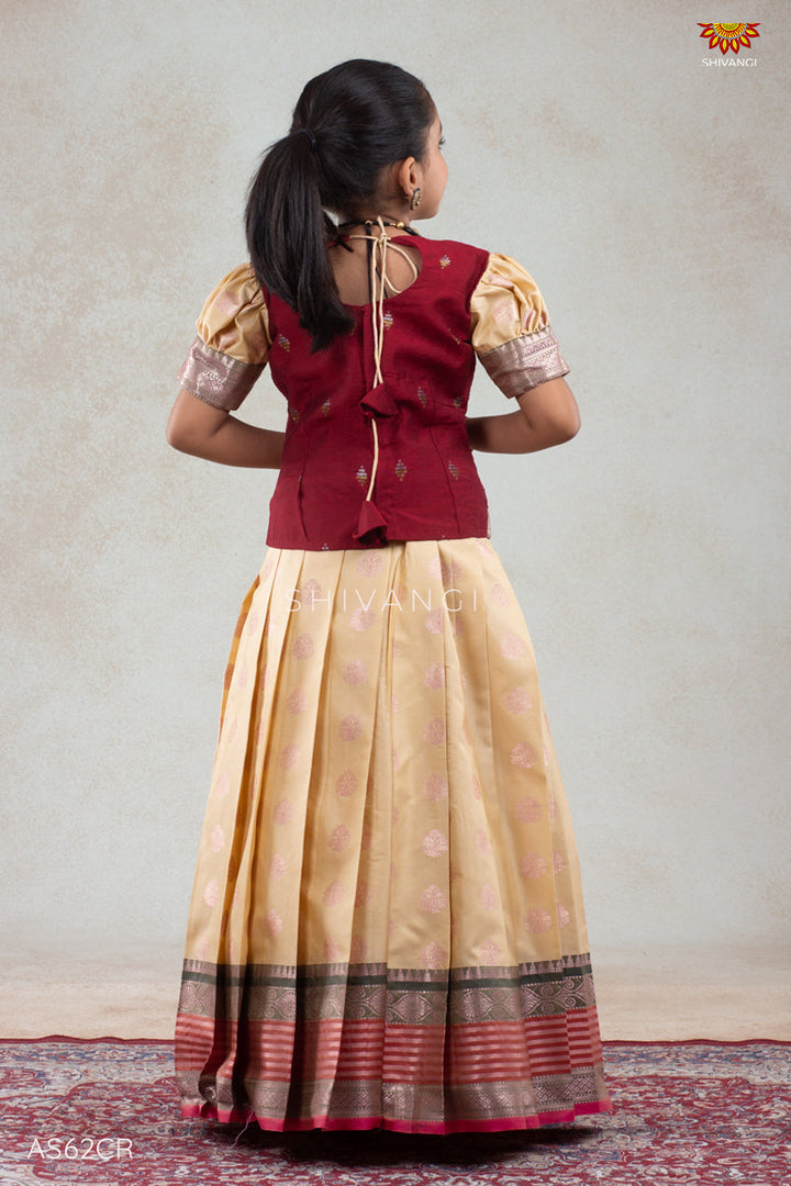 Girls Snow Drop Cream Pattu Pavadai Set | Lehenga