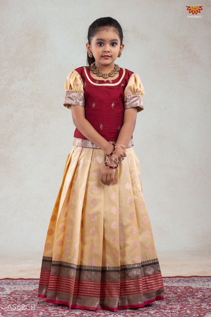 Girls Snow Drop Cream Pattu Pavadai Set | Lehenga