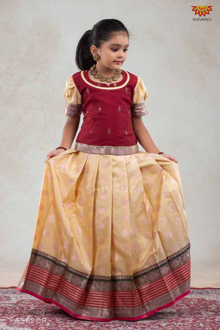 Girls Snow Drop Cream Pattu Pavadai Set | Lehenga