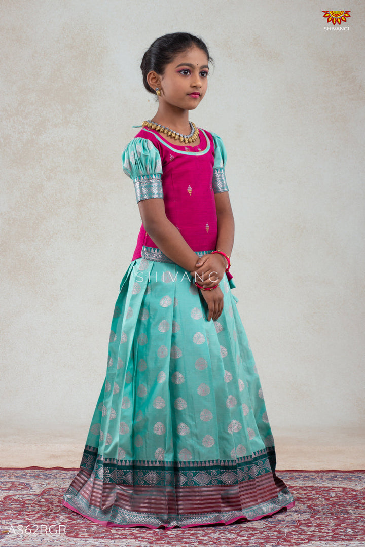 Girls Snow Drop Ramar Green Pattu Pavadai Set | Lehenga