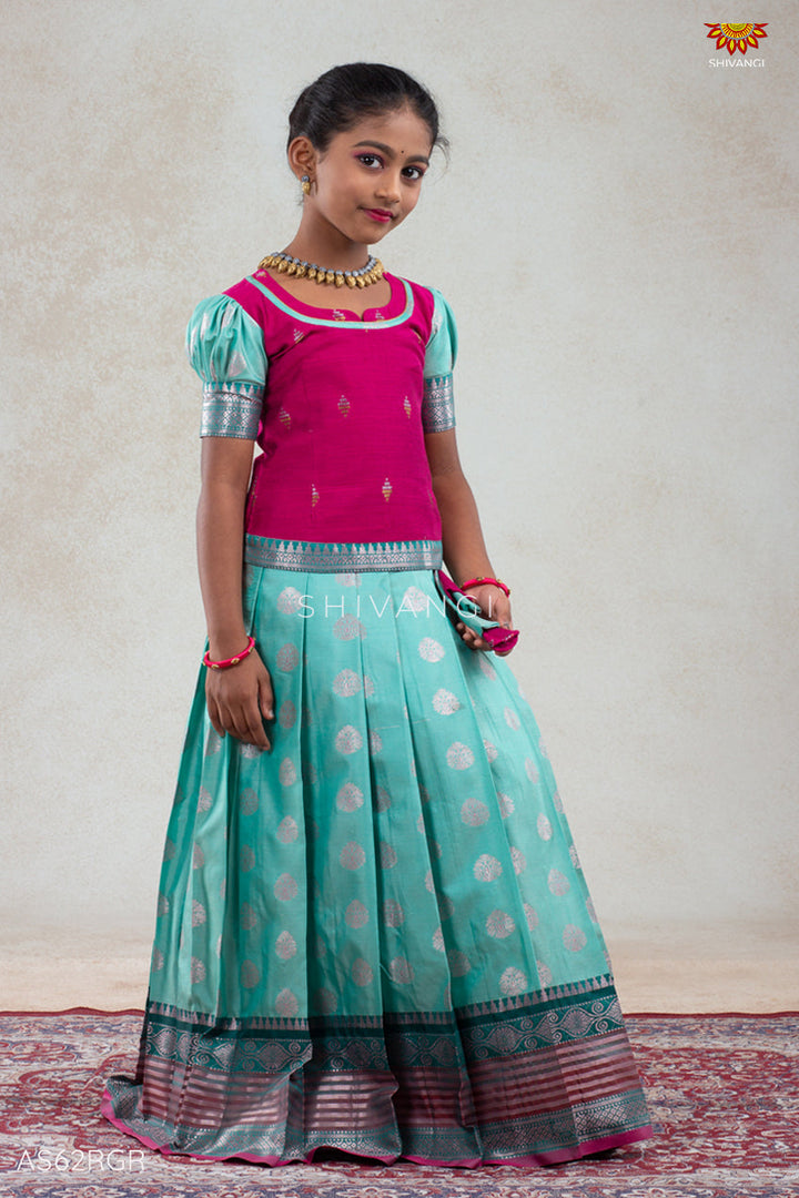 Girls Snow Drop Ramar Green Pattu Pavadai Set | Lehenga