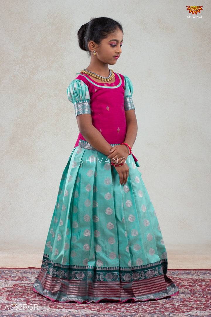 Girls Snow Drop Ramar Green Pattu Pavadai Set | Lehenga