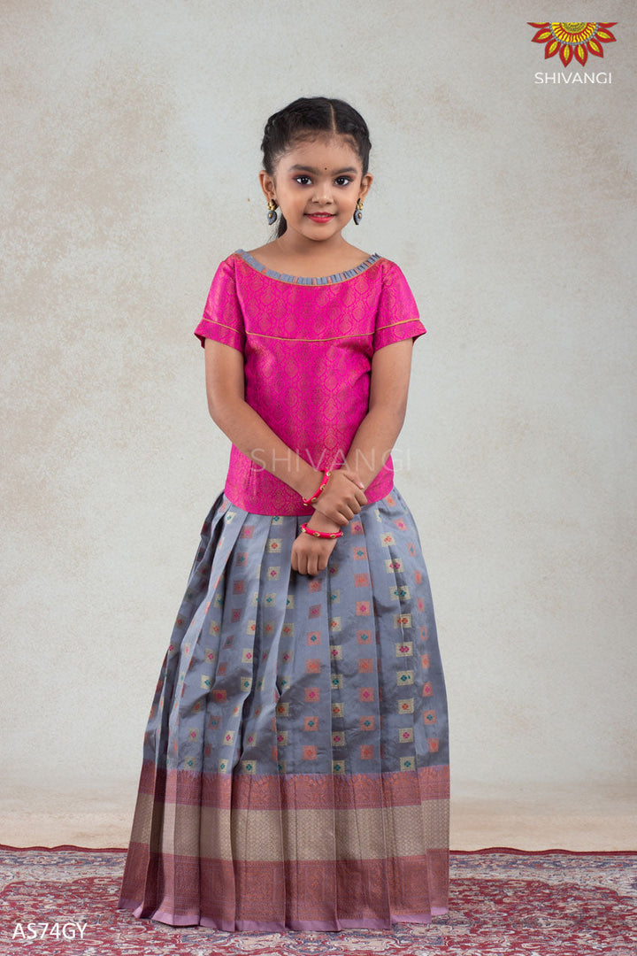 Girls Grey Copper Athangudi Pattu Pavadai | Langa