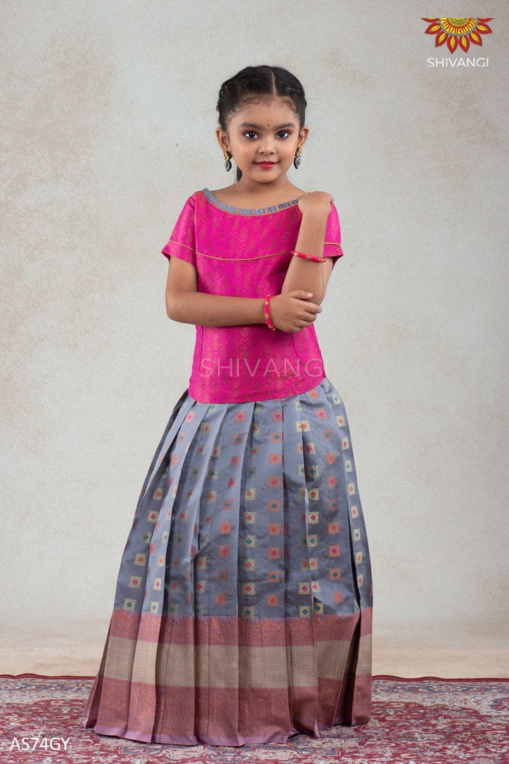 Girls Grey Copper Athangudi Pattu Pavadai | Langa