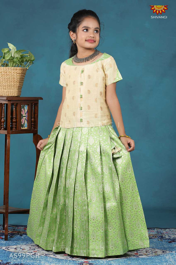 Girls Parrot Green Silver Alovera Pattu Pavadai