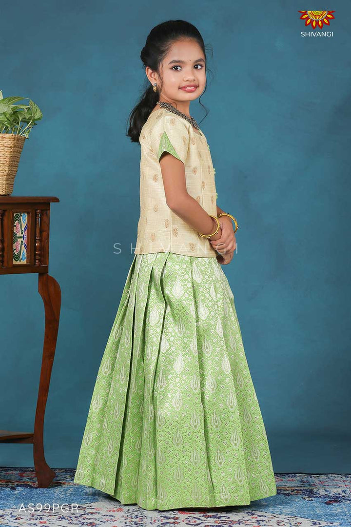 Girls Parrot Green Silver Alovera Pattu Pavadai