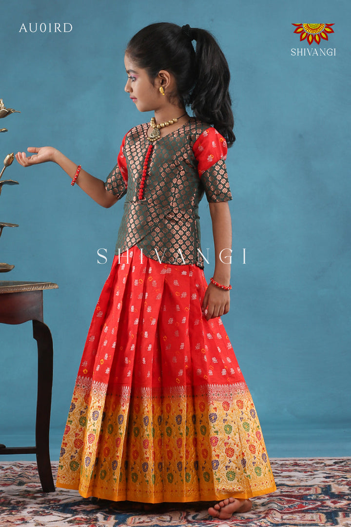 Red Floral Bandhini Pavadai Set For Kids !!!
