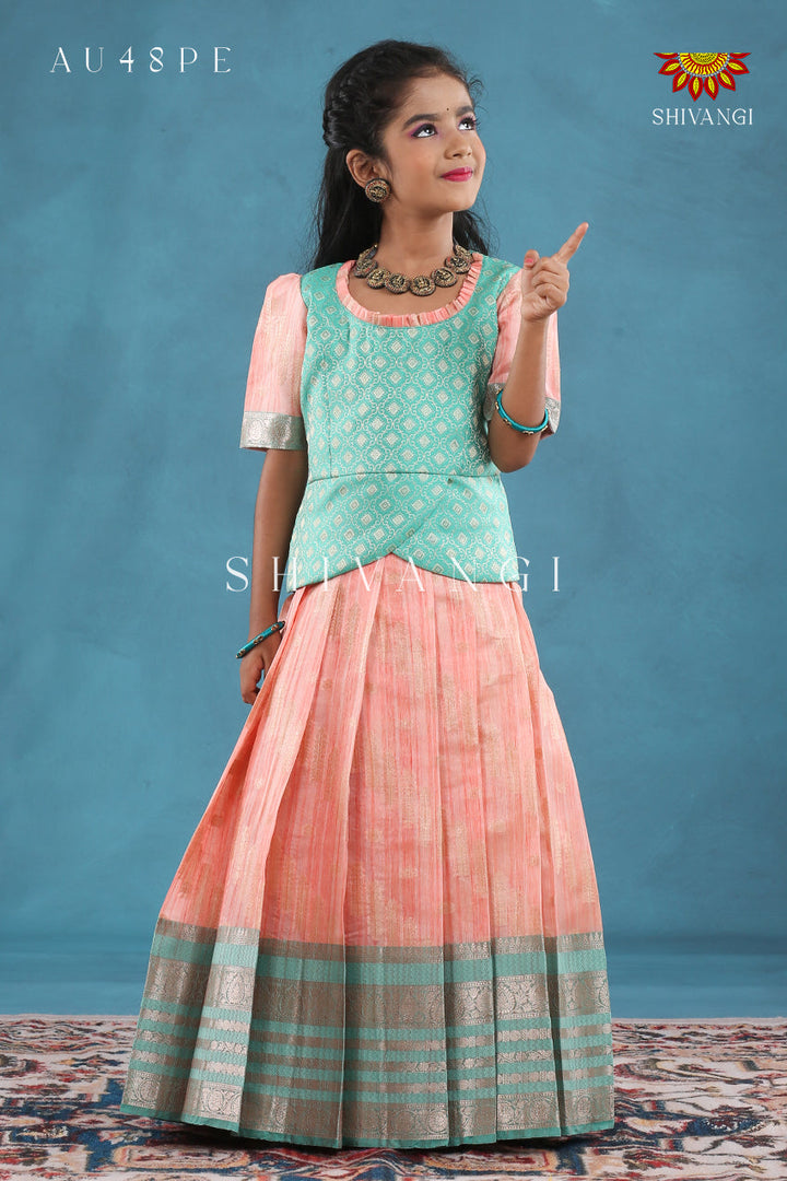 Festive Collection - Peach Golden Grass Pavadai Set For Kids !!!