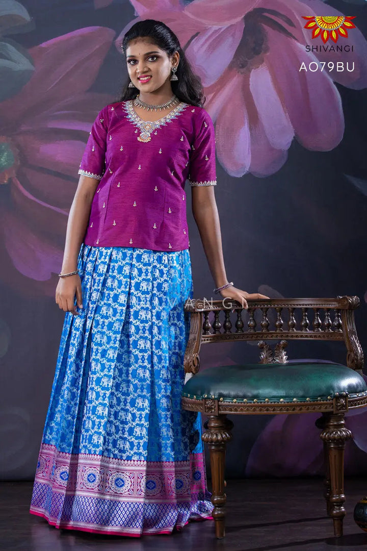 Girls Blue Silver Elephant Pattu Pavadai