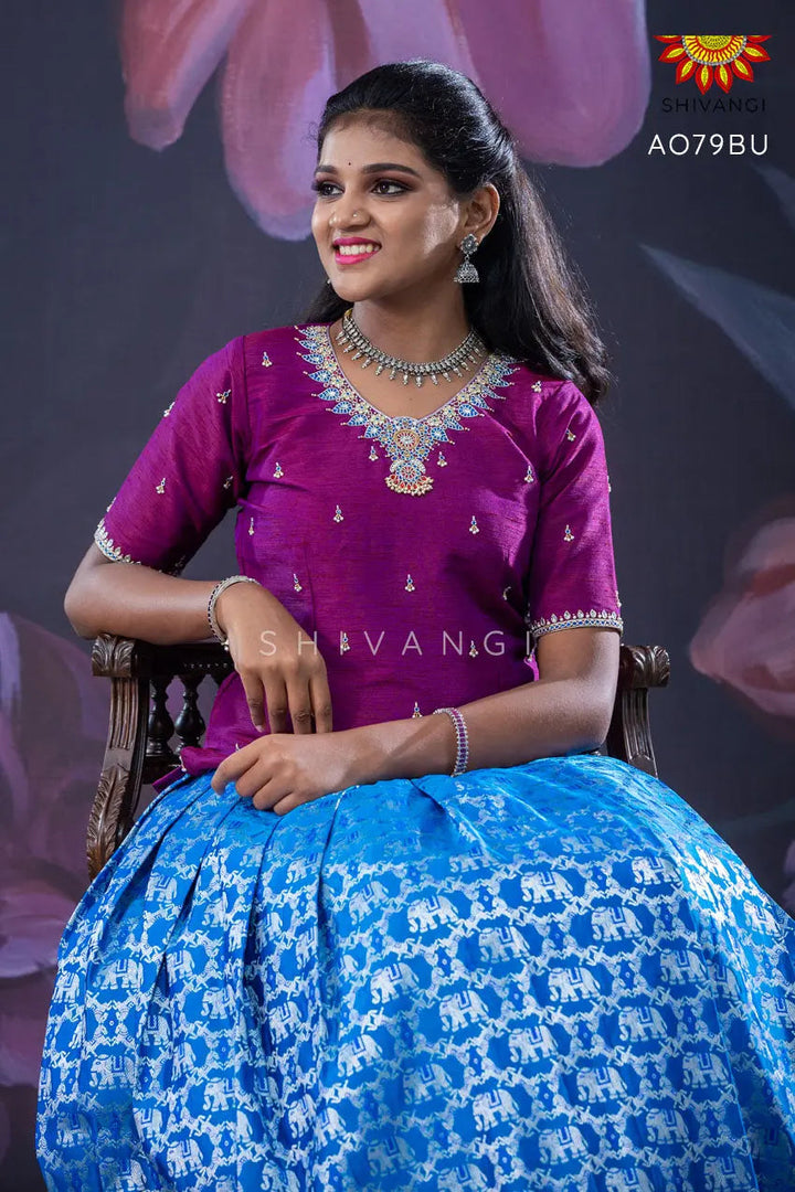 Girls Blue Silver Elephant Pattu Pavadai