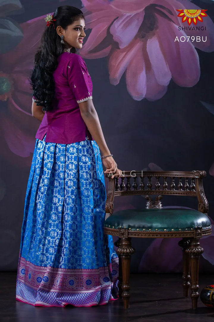 Girls Blue Silver Elephant Pattu Pavadai