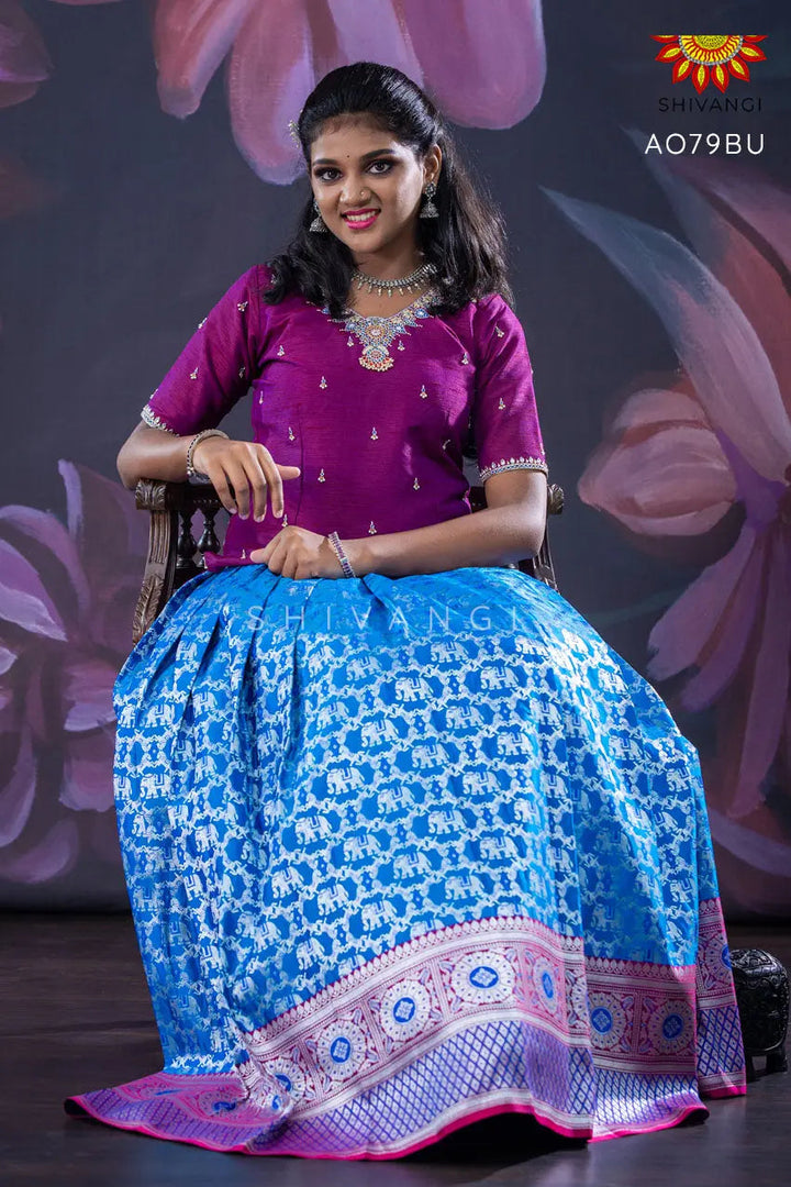 Girls Blue Silver Elephant Pattu Pavadai
