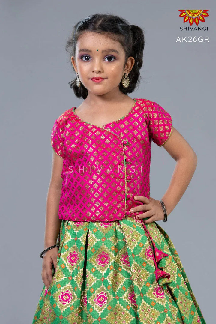 Girls Green Pink Patola Pattu pavadai