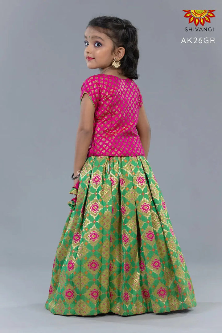 Girls Green Pink Patola Pattu pavadai