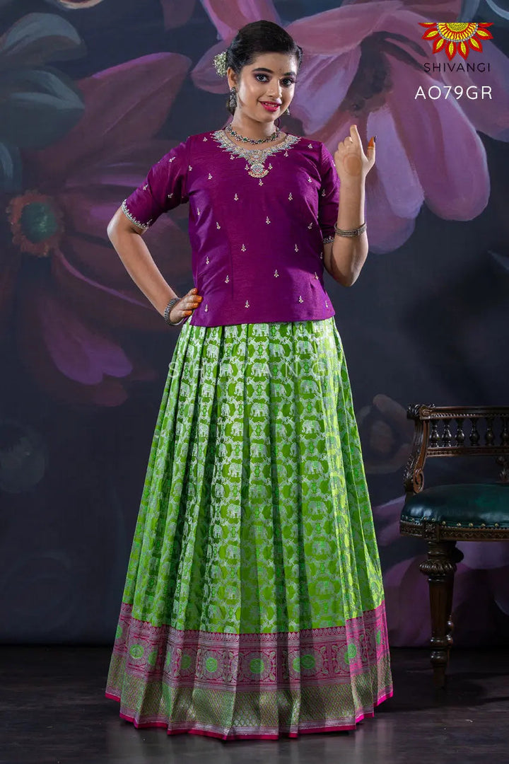 Girls Green Silver Elephant Pattu Pavadai