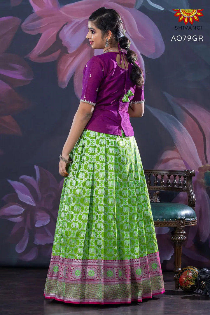 Girls Green Silver Elephant Pattu Pavadai