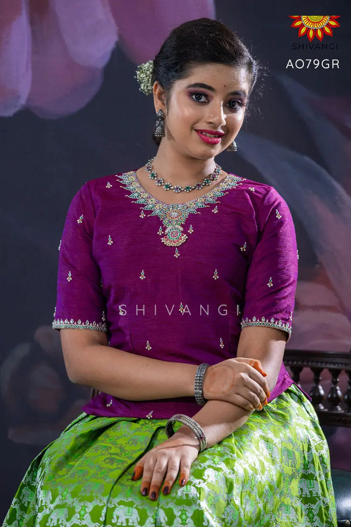 Girls Green Silver Elephant Pattu Pavadai