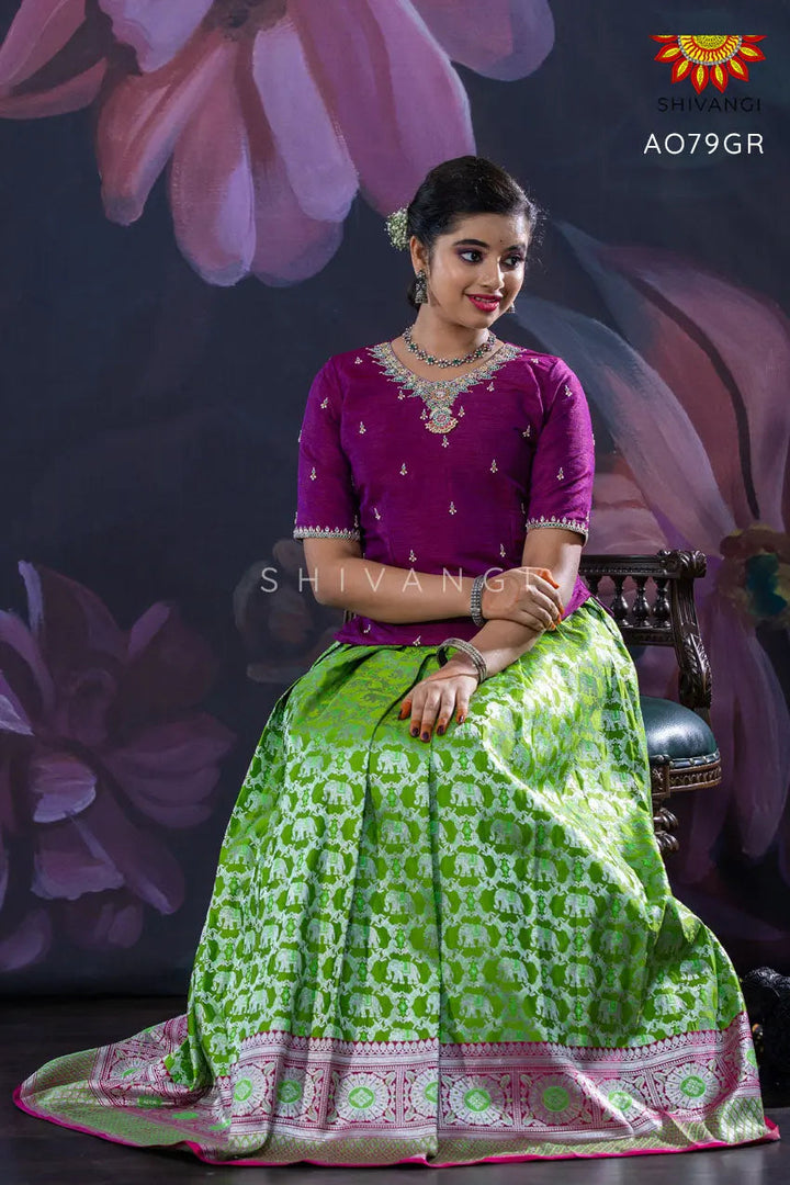 Girls Green Silver Elephant Pattu Pavadai