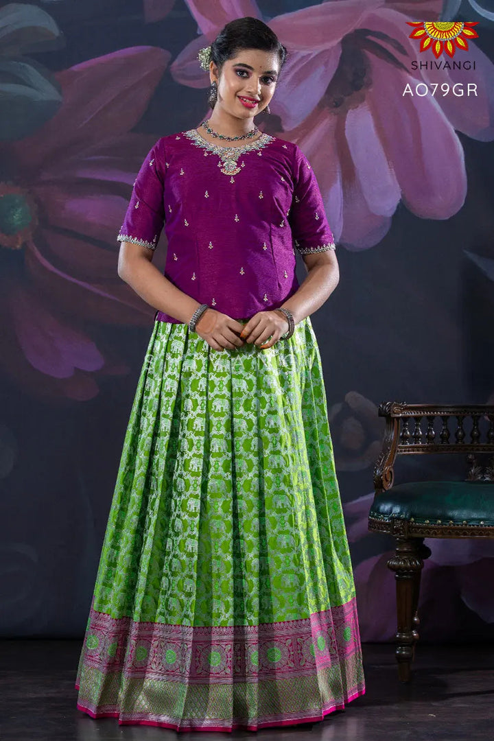 Girls Green Silver Elephant Pattu Pavadai