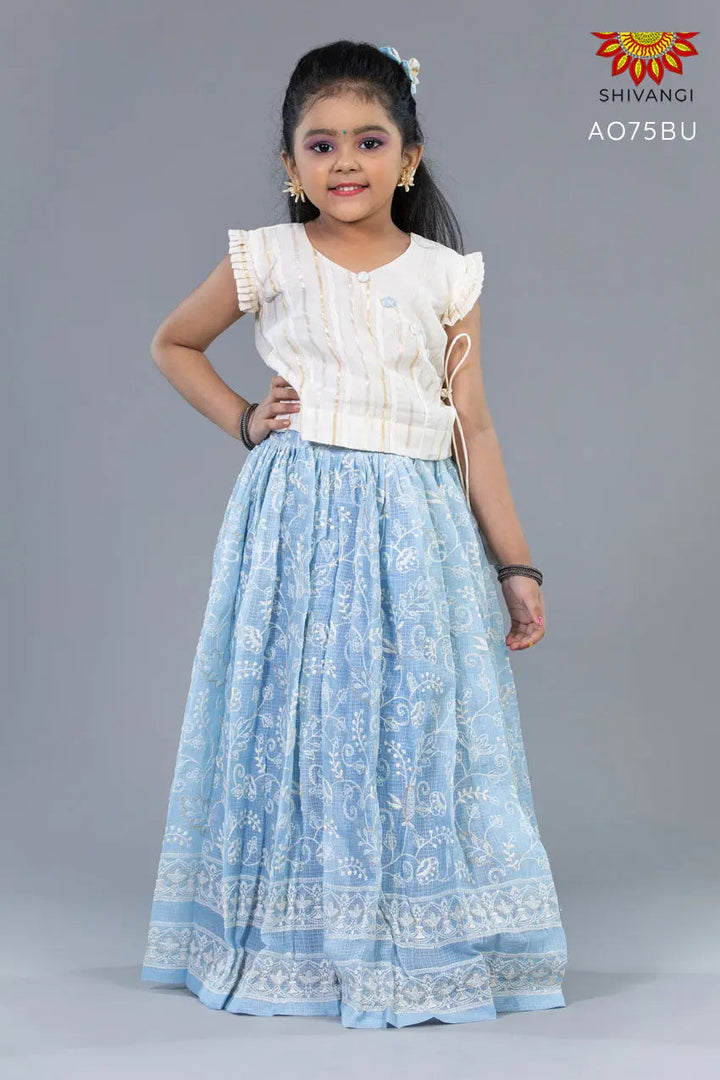 Girls Half-White Kota Creeper pattu Pavadai