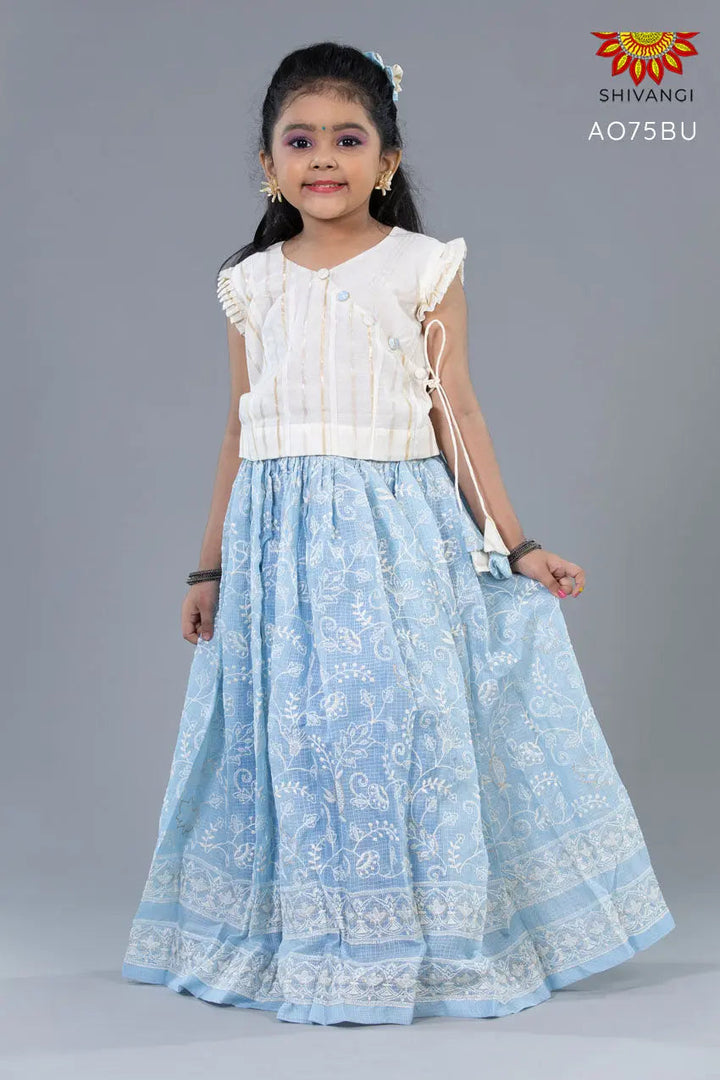 Girls Half-White Kota Creeper pattu Pavadai