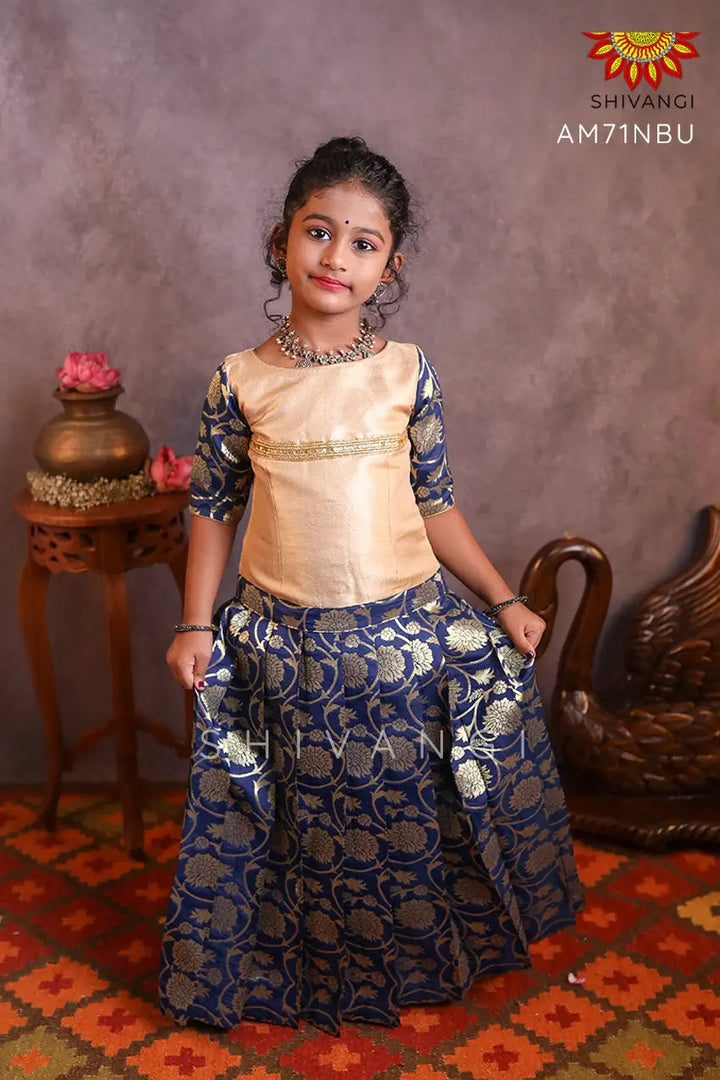 Girls Navy Blue Golden Creeper Pattu Pavadai