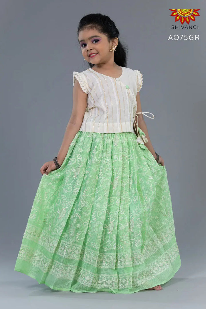 Girls Pastel Green Kota Creeper Pattu Pavadai