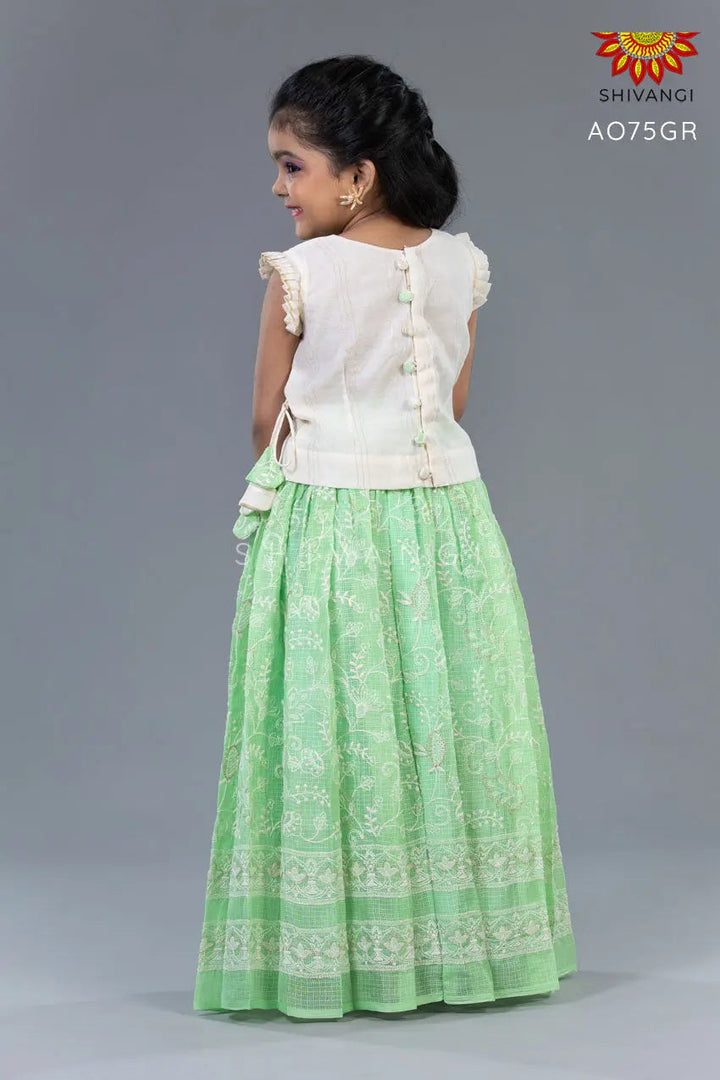 Girls Pastel Green Kota Creeper Pattu Pavadai