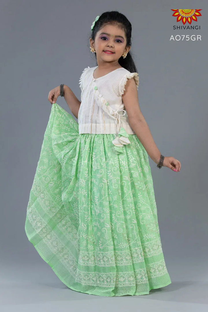 Girls Pastel Green Kota Creeper Pattu Pavadai
