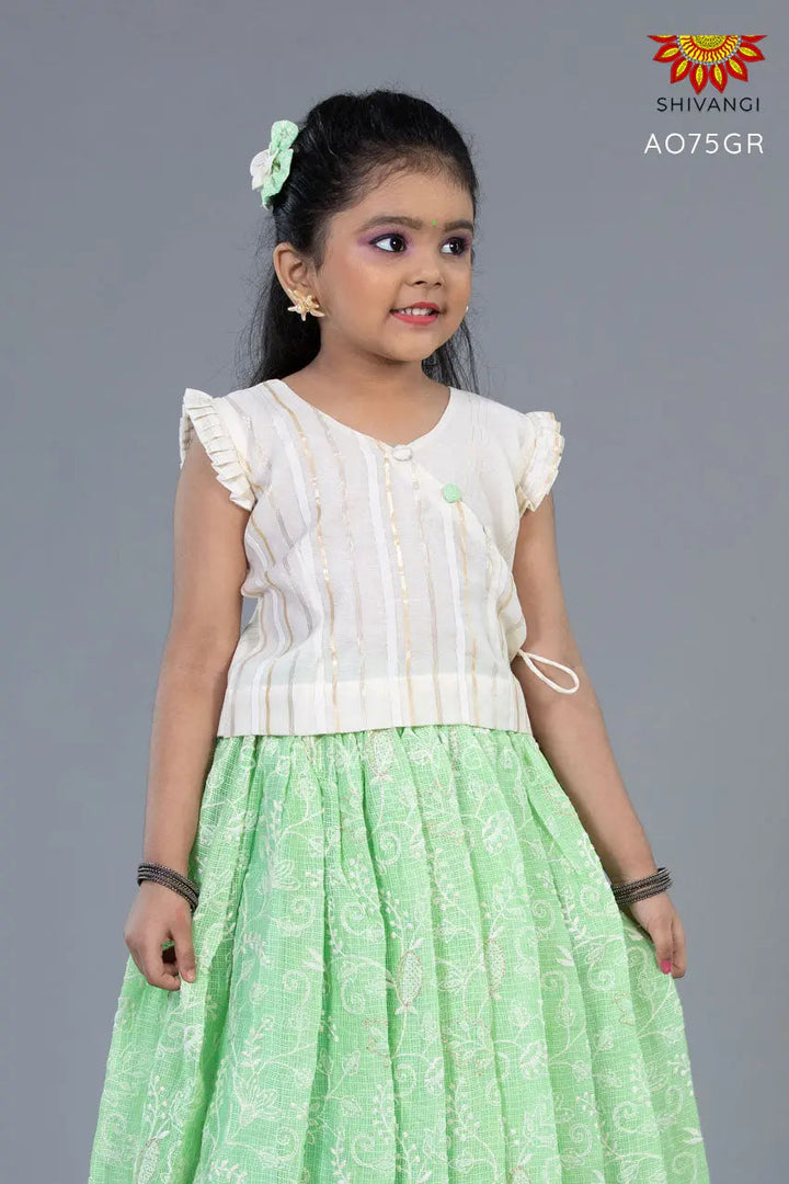 Girls Pastel Green Kota Creeper Pattu Pavadai