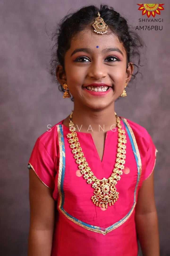 Girls Peacock Blue Honey Suckle Pattu Pavadai
