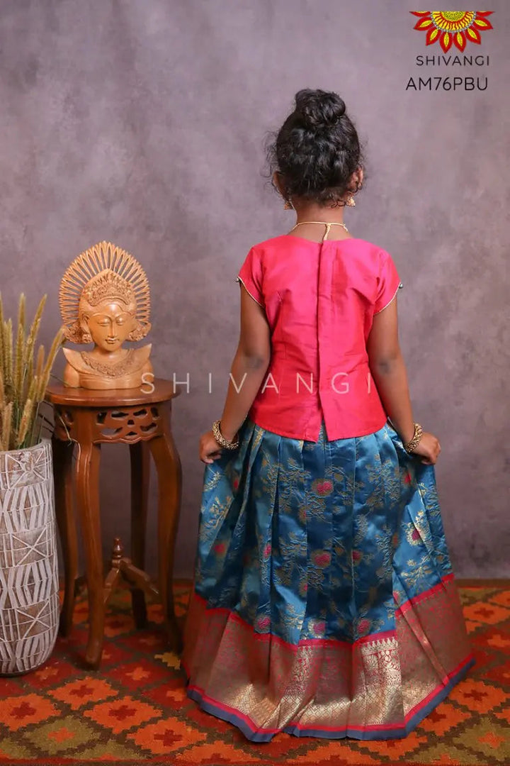 Girls Peacock Blue Honey Suckle Pattu Pavadai