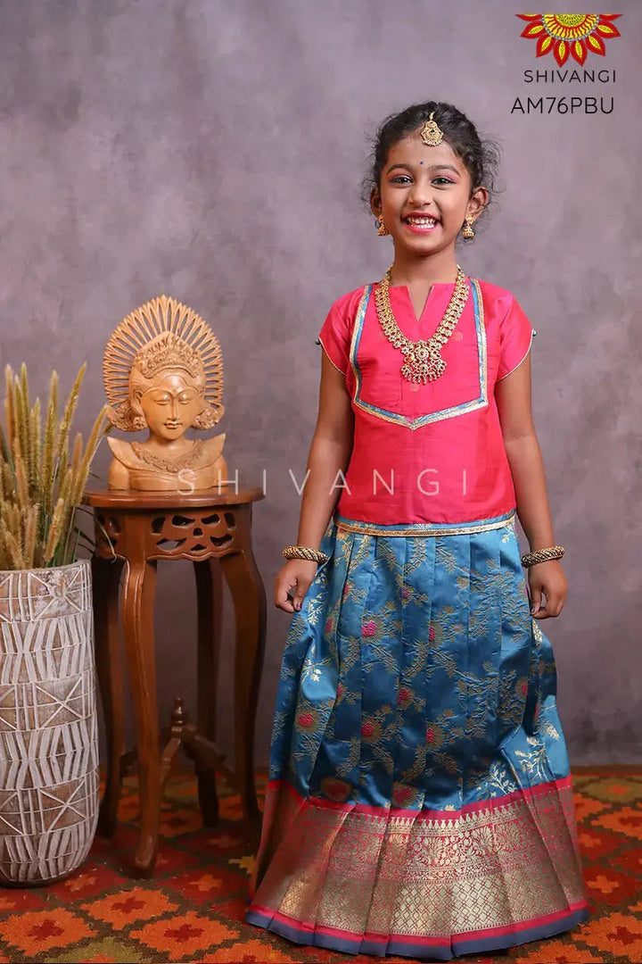 Girls Peacock Blue Honey Suckle Pattu Pavadai