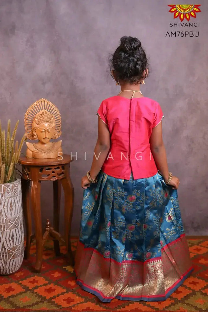 Girls Peacock Blue Honey Suckle Pattu Pavadai