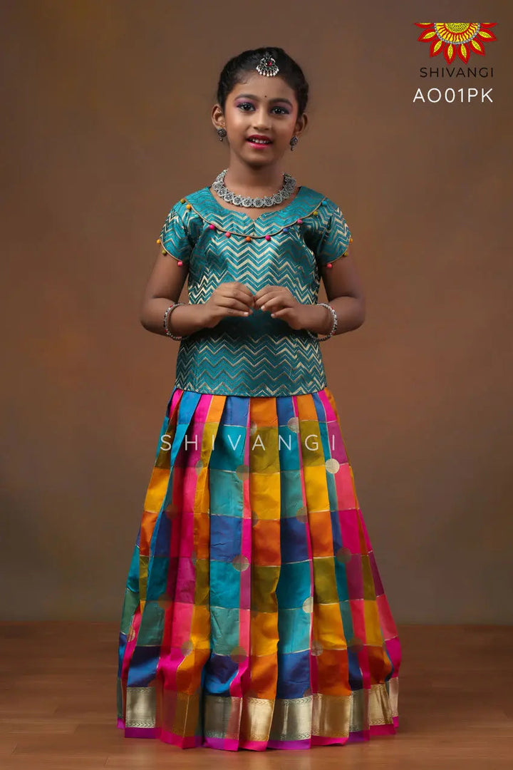 Girls Pink Checks Multi Colour Pattu Pavadai